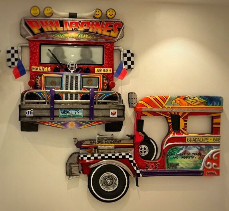 Jeepney wall sculpture at the DTI cafe, Jupiter Makati